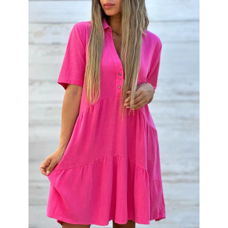 QICED Women's Fashion Summer Spring Solid Color Print V-Neck Short Sleeve Casual Dresses