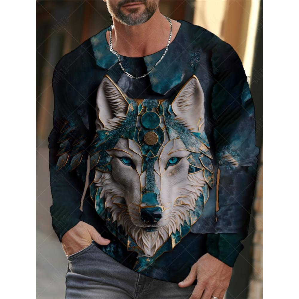 Vintage Men's Long Sleeve T-Shirt 3d Print Shirts Fashion Animal Wolf Graphics Clothing Sleeve Tops Men Oversized Streetwear Top