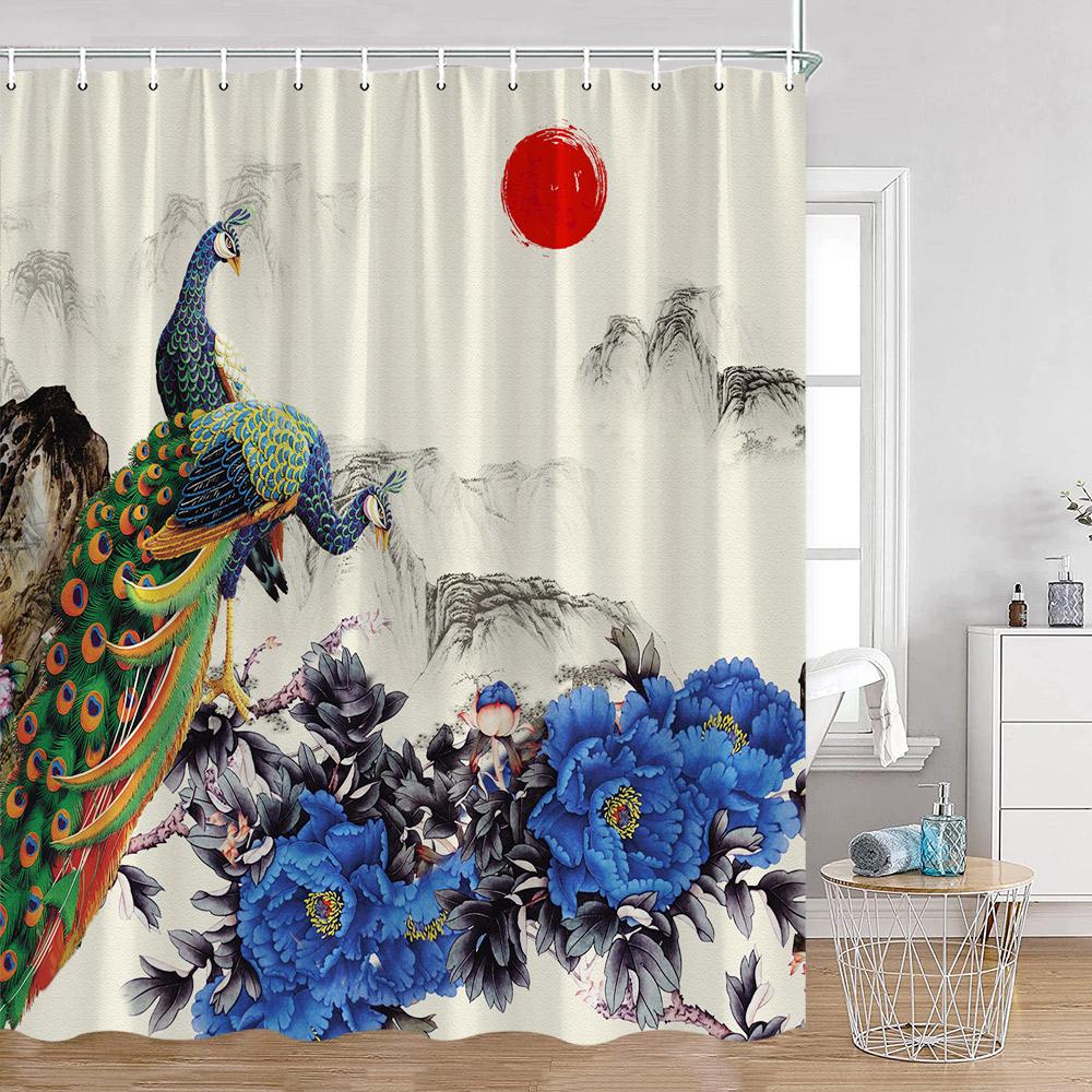 Chinese Ink Painting Shower Curtains Blossom Red Sun Koi Bamboo Mountain Landscape Bath Curtain Polyester Bathtub Decorations