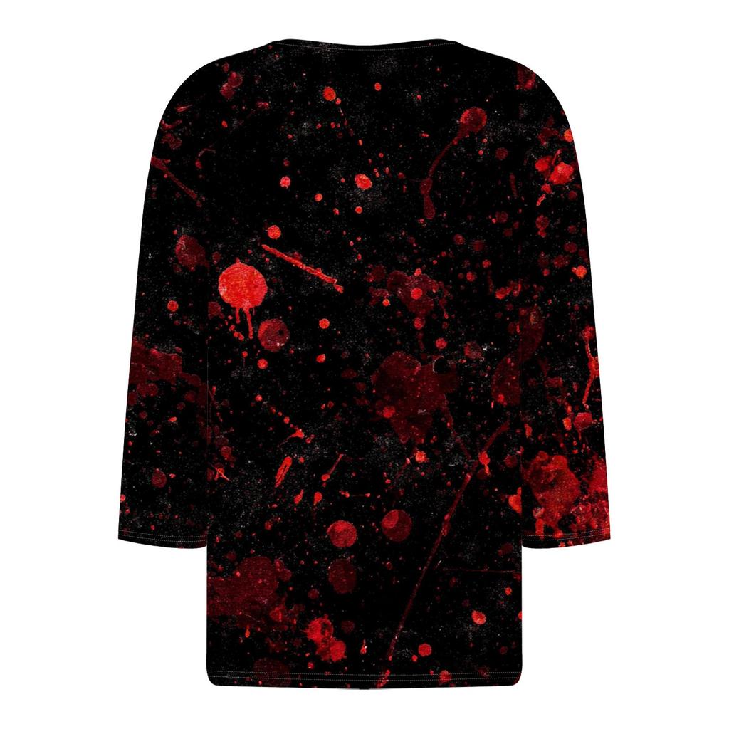 Women's Fashion Casual Halloween Printed V-Neck Short Sleeve Decorative Button Three-quarter Sleeve T-Shirt Top