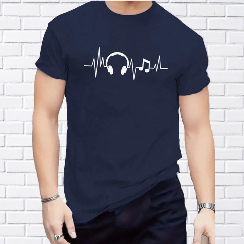 New Summer Men's Fashion T-shirt Headset Heart Rate Printed Men's T-shirt Top