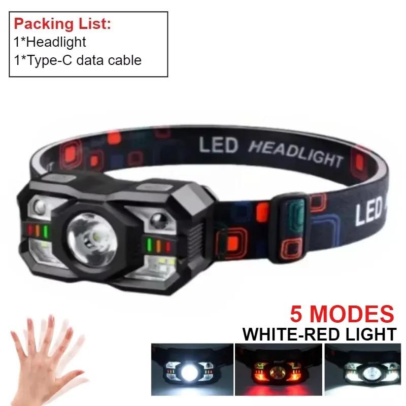 Bright LED Headlamp Flashlight Rechargeable Headlight with Red Light Waterproof Motion Sensor Head Lamp Camping Running Light