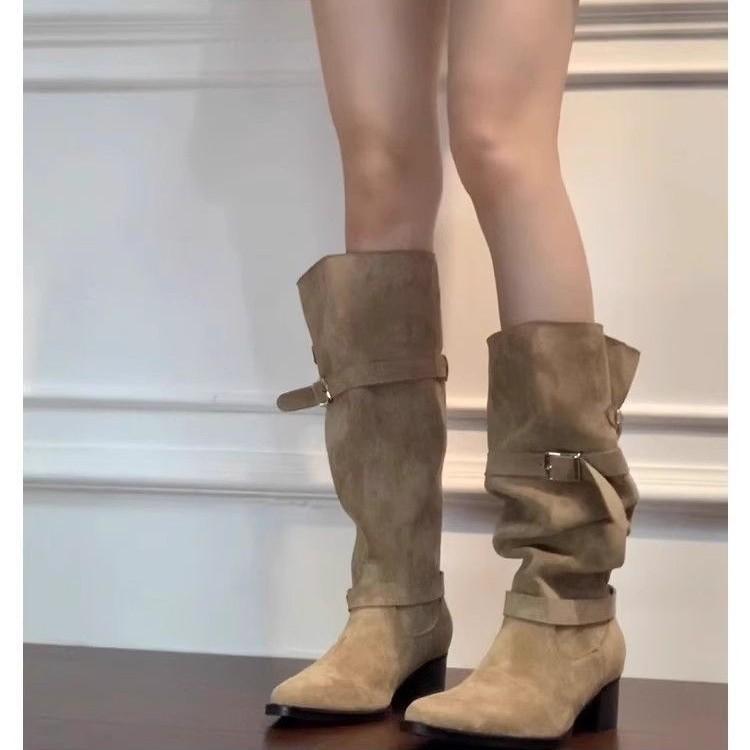 But Knee Boots Women's Autumn and Winter 2025 Khaki Suede Fashion Boots Women's Thick Heel Thin Pleated Piled Boots
