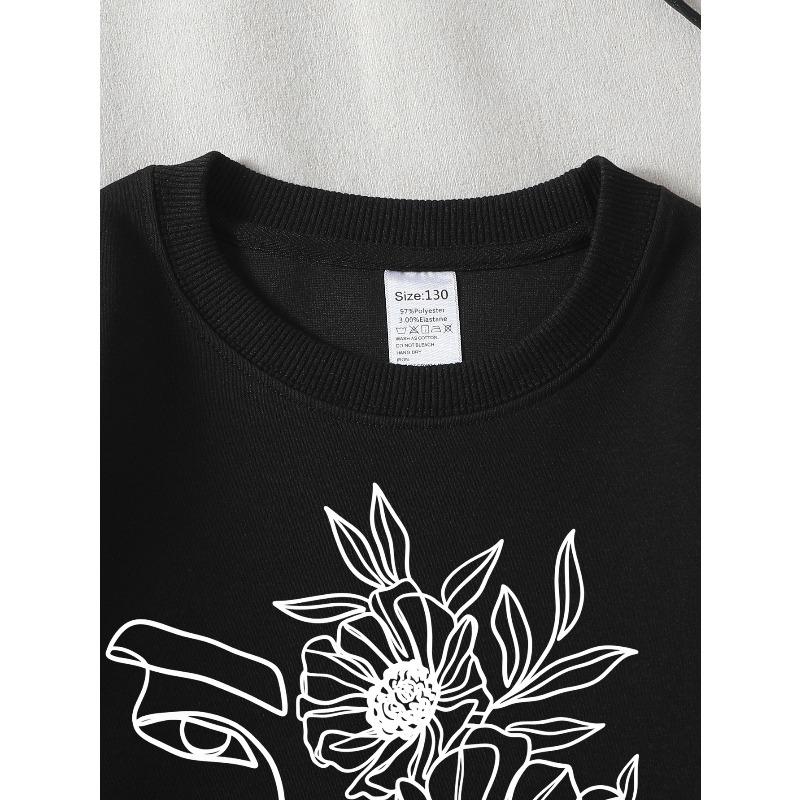 European sizes Kids' Crewneck Sweatshirt Floral Face Outline Art Design Print , Sportswear And Casual Wear, Soft And Comfortable, Children's Clothing