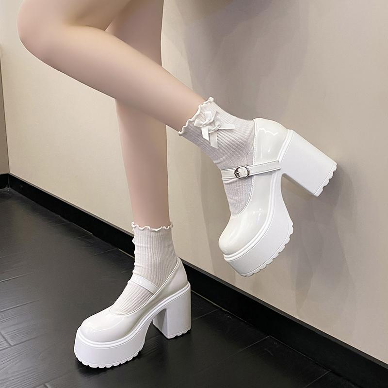 Damskie grube platformy wysokie obcasy pompy damskie buty ze skóry syntetycznej zapięcie na kostkę buty typu Mary Jane damskie buty na grubym obcasie lolita