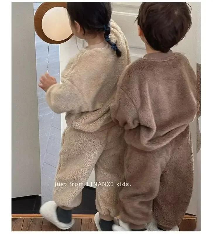 Pigiama invernale da bambino e bambina in peluche orsetto carino tute felpa calda felpe con cappuccio+pantaloni set da 2 pezzi abiti per bambini