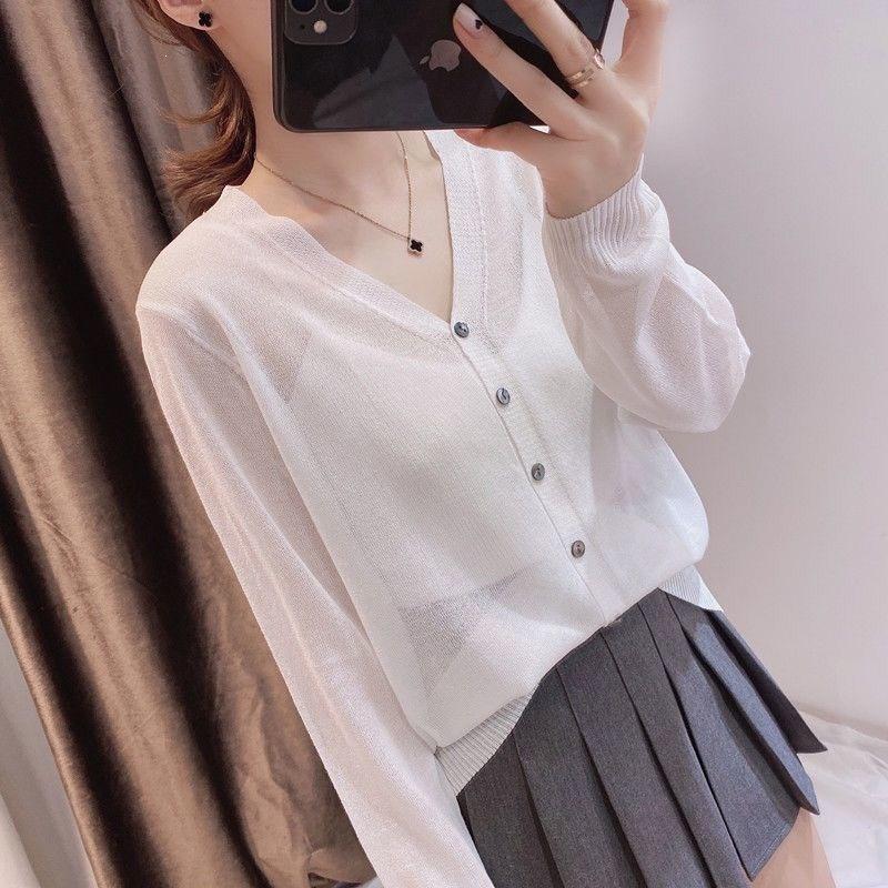 1116 New Spring and Summer Women's Ice Silk Short Knitted Small Cardigan Loose V-Neck Sunscreen Jacket Linen Air Conditioning Shirt Thin