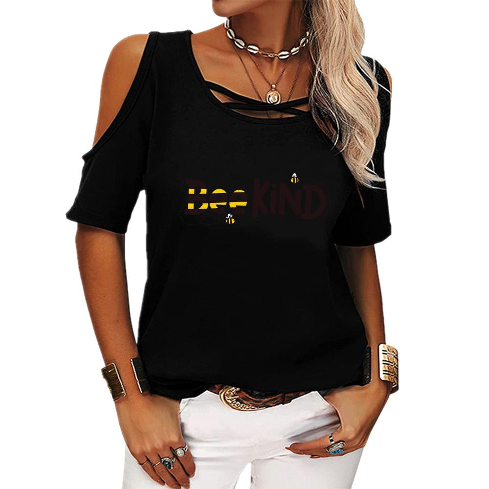 Women Fashion Print Tee Shirt Summer Off Shoulder Short Sleeved Top Ladies Casual O Neck T-shirt
