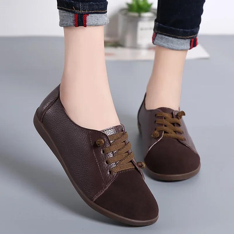 Lederschuhe Frau Frühling Damenschuhe rutschfeste Flats Schnürschuhe Damen Oxford Plus Size Mokassins Damen