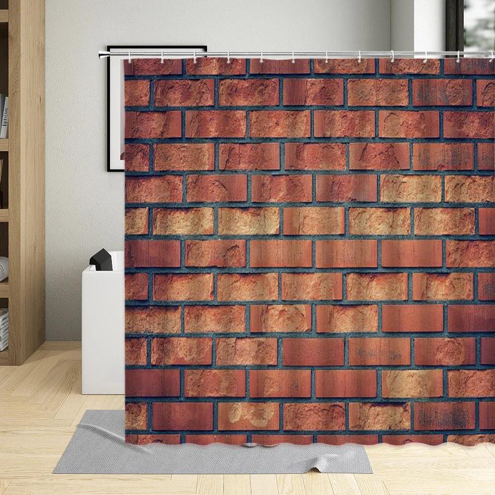Stone Wall Brick Texture Shower Curtain Set Retro Geometric Red Gray White Bathroom Decor Bathtub Screen Curtains Polyester Hook
