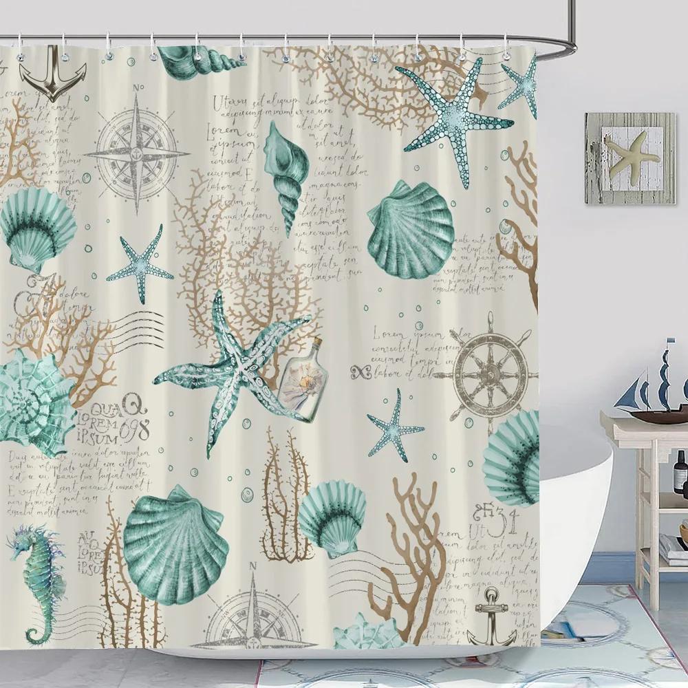 Vintage Anchor Starfish Nautical Pattern Shower Curtain Shell Coral Blue Classic Modern Simple Cloth Bath Curtain Bathroom Decor