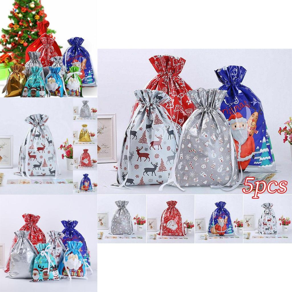 Colorful 5pcs Christmas Sacks Reusable Drawstring Gift Bags With Classic Patterns