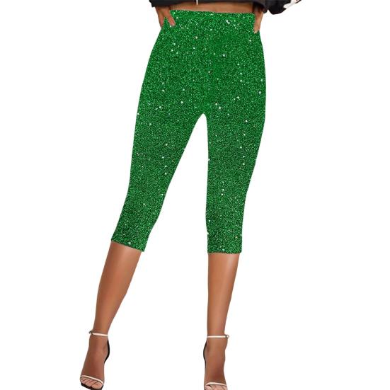 Women Cropped Pants Elastic High Waist Skinny Fit Shiny Sequins Pants Vacation Travel Work Casual Pants