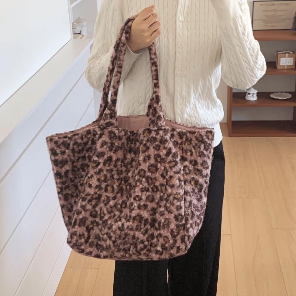 Leopard Print Leopard Plush Tote Bag Plush Storage Shoulder Bag  Outdoor