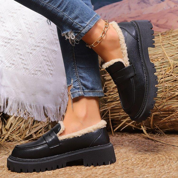 Fashion Winter Cotton Loafers 2024 New Style Simple Solid Color Shallow Mouth Outdoor Snow Boots Non-slip Thick Sole Trend Shoes