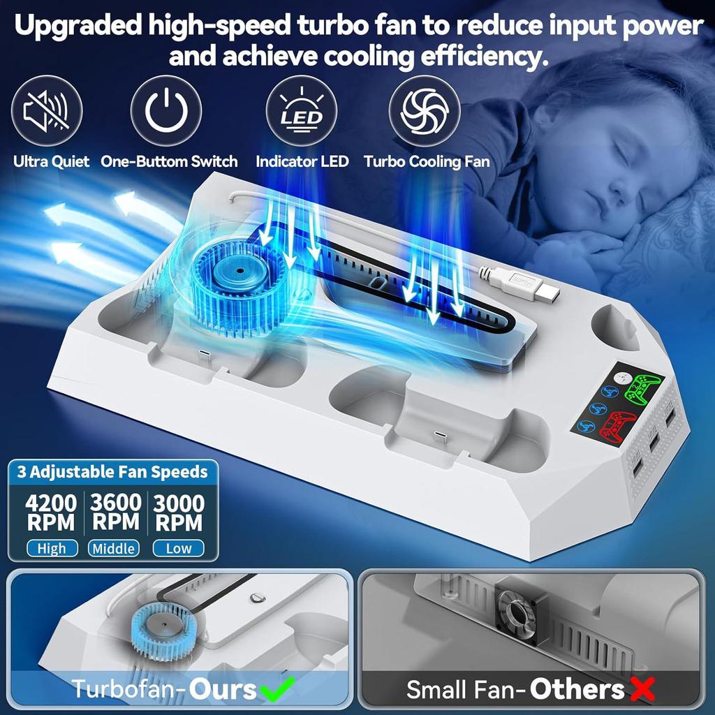 Support de Refroidissement et de Charge pour Console PS5/Slim/Pro avec Base de Ventilateur à Double Fonction