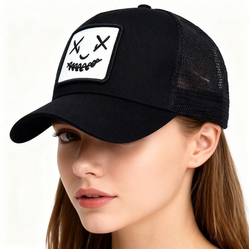 Boné de Baseball Bordado com Rosto Sorridente para Proteção Solar, Chapéu com Aba de Rede para Corrida ao Ar Livre