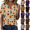 Women V Neck Short Sleeve T Shirt with Decorative Buttons Halloween Pumpkin Printed Casual Loose Fit Top for Daily Wear