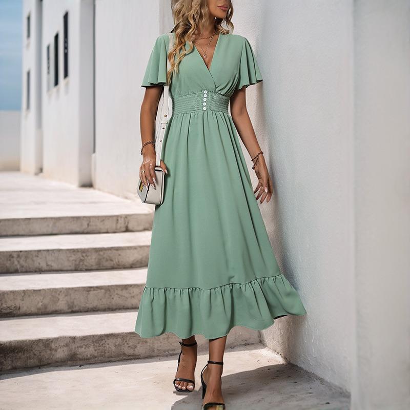 New Summer Ruffle Leaf Edge Long Dress V-neck Fresh Green Dress