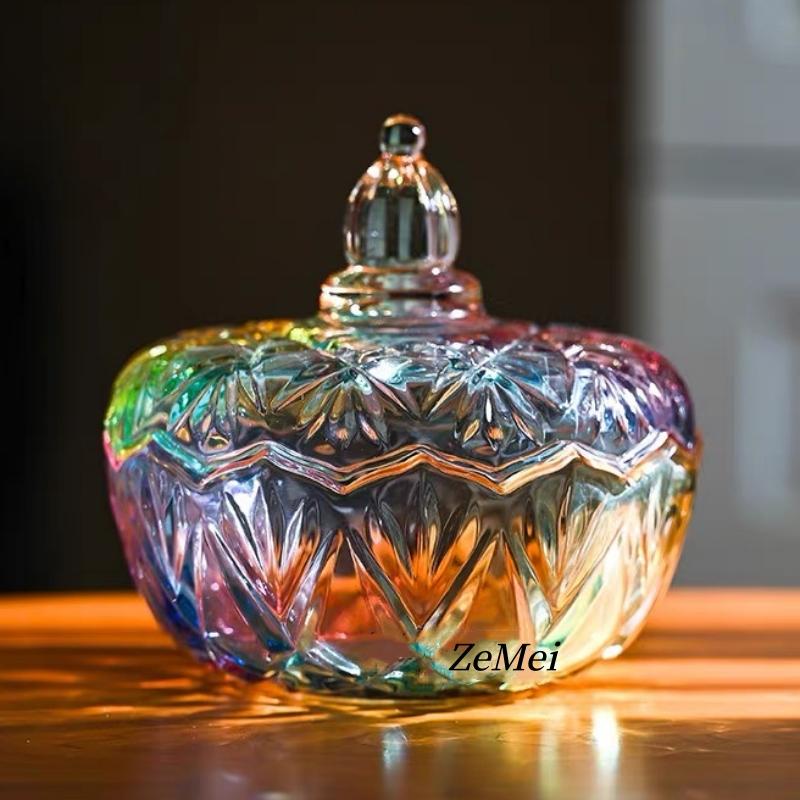 Bocal de rangement en verre coloré style européen, Pots à café et sucre & Organisateur de boîtes à bijoux en verre avec couvercle Contenant à bonbons Décoration