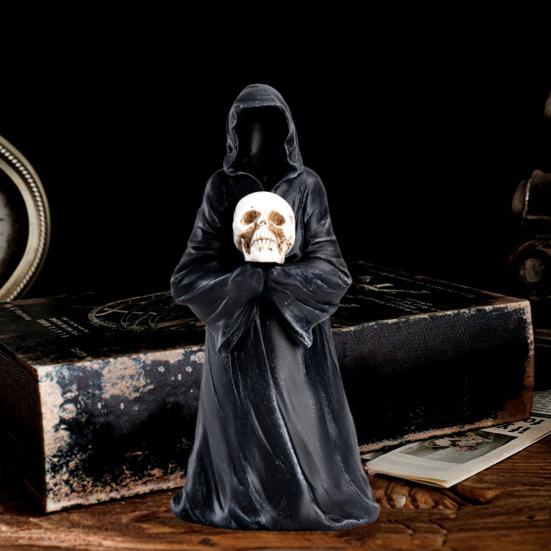 Halloween Grim Reaper Figurine Spooky Black Robe Death Ghost Resin Statue Sculpture Indoor Home Office Desktop Decoration Ornament Festival Gift