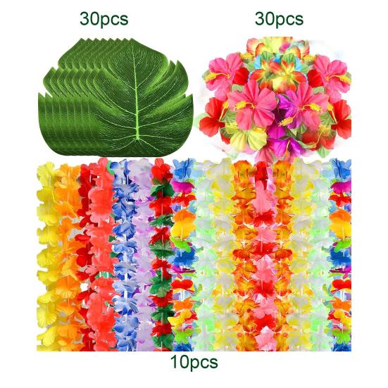 70 Pcs Hawaiian Leis Luau Party Decoration Artificial Tropical Palm Leaves Hibiscus