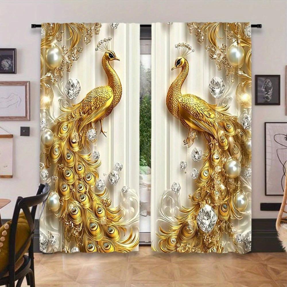 2 Pieces of Golden Peacock Design Printed Curtains   Pole Bag Curtains   Bedroom and Living Room   Home Decoration   Room Decoration