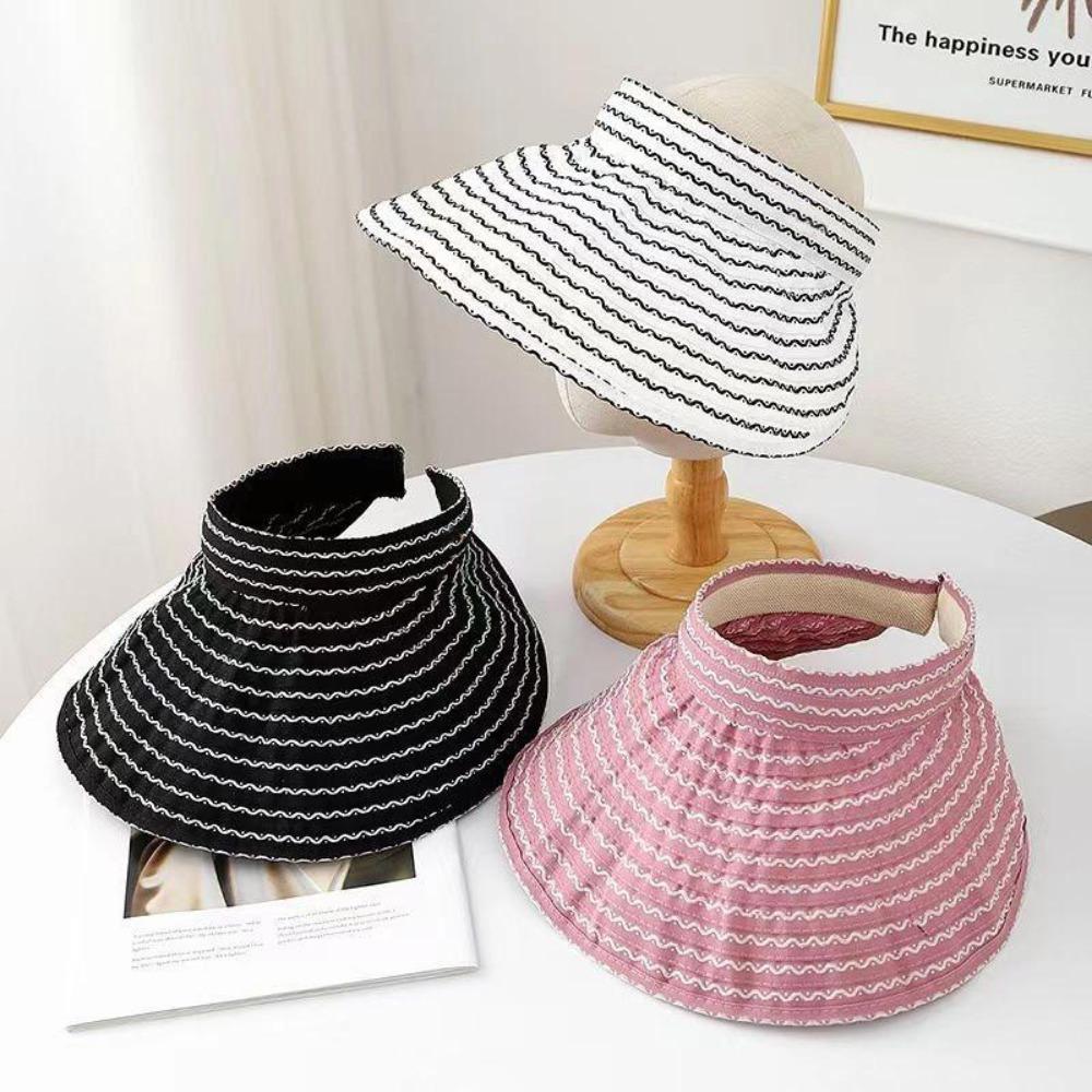 Wide Brim Women'S Stripe Sun Hat Empty Top Folding Headband Sun Visor Hat Uv Protection Quick-Drying Bucket Hat Summer Outdoor