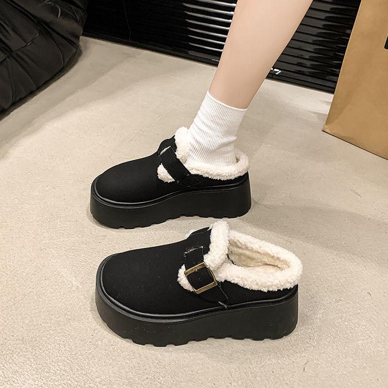 Winter New Muffin Warm Thick Sole Height-increasing Plush Women's Retro One-pedal Lofu Casual Comfortable Cotton Shoes