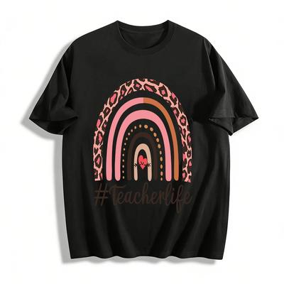 Lärarliv Leopardmönster Regnbågshjärta Grafisk Casual T-shirt Ren bomull T-shirt