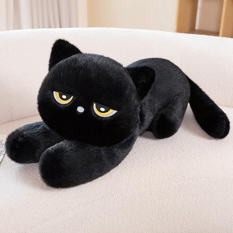 Cuscino Peluche Gatto Nero Bambola Morbida Gatto Sdraiato Imbottito Cuscino Design Gatto Dormiente Carino Adorabile Idea Regalo di Compleanno per Amanti dei Gatti