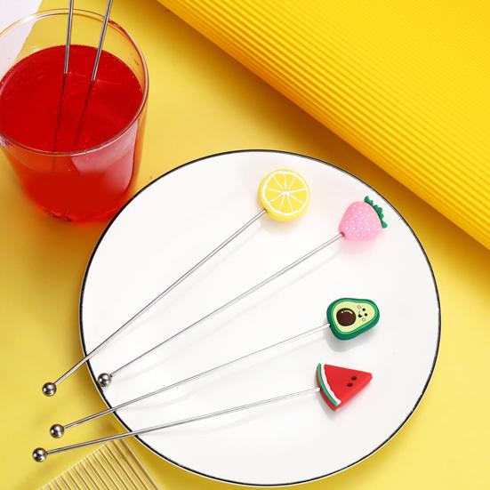 Yousheng Cocktail Stir Stick, Stainless Steel Cocktail Mixing Stick, with Durian Pineapple Strawberry Watermelon Rubber Top Decor, Drink Stirrer