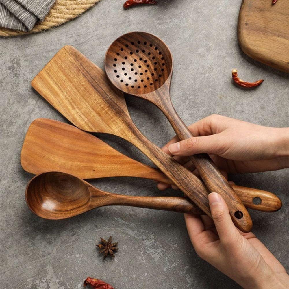 4-8pcs Wooden Cooking Spoon with Storage Bucket Natural Material Kitchen Utensils Set Durable Unbreakable Kitchen Shovel Set