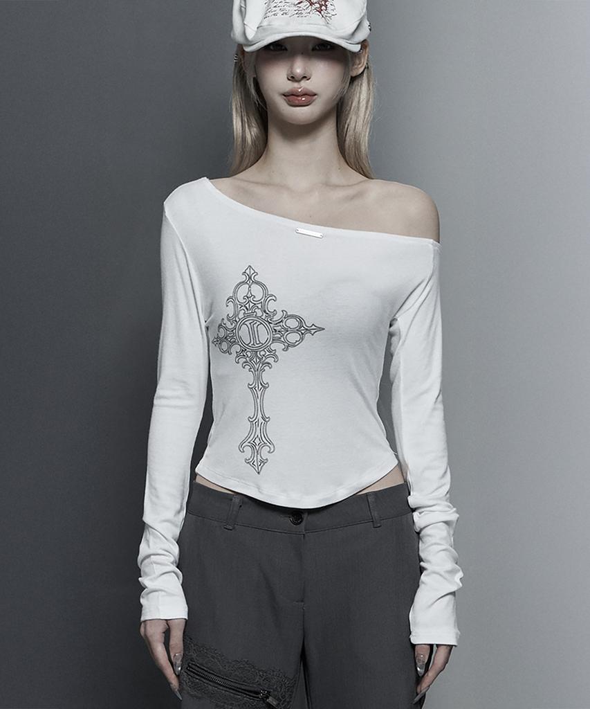 ETRE AU SOMMET Lettering Printing One-Shoulder Long Sleeve Top (White)