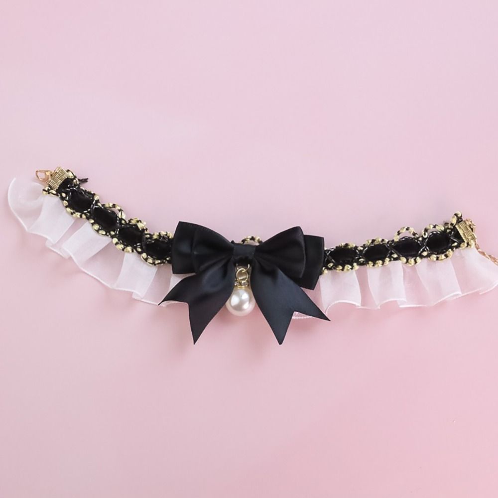 New Cute Dog Collar Fashion Lace Bowknot Pearl Cat Necklace Sweet Neck Decoration Puppy Necktie Kitten Bibs Pet Supplies Black