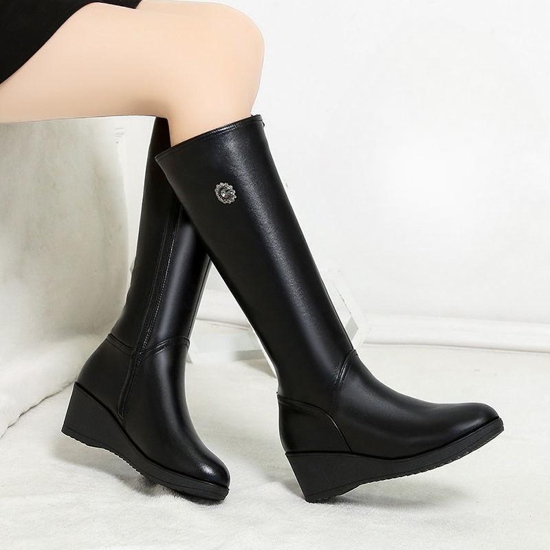 Rhinestone Elegant Heeled Round Toe Ladies Knee High Shaft Shoes Autumn Winter Warm Black Comfortable New In Women's Long Boots