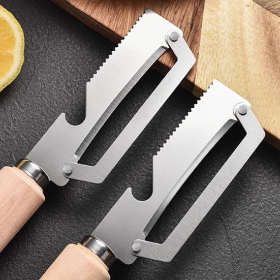 Gemüseschäler mit ergonomischem Holzgriff 2-in-1 Flaschenöffner Breite gebogene Klinge Scharfer Schäler für Kartoffeln Äpfel Zitrusfrüchte Karotten Küchenhelfer