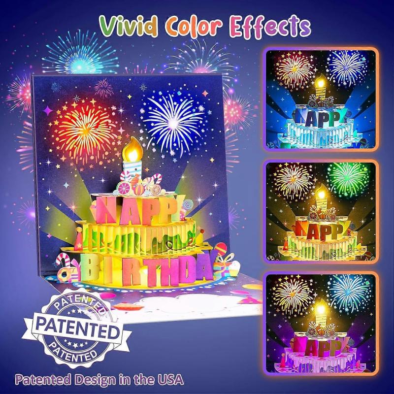 Geburtstagskarten Feuerwerk Pop-Up Kuchen Aufblasbar Licht und Musik Alles Gute zum Geburtstag Karte Geschenke für Frauen Männer Mama Kinder