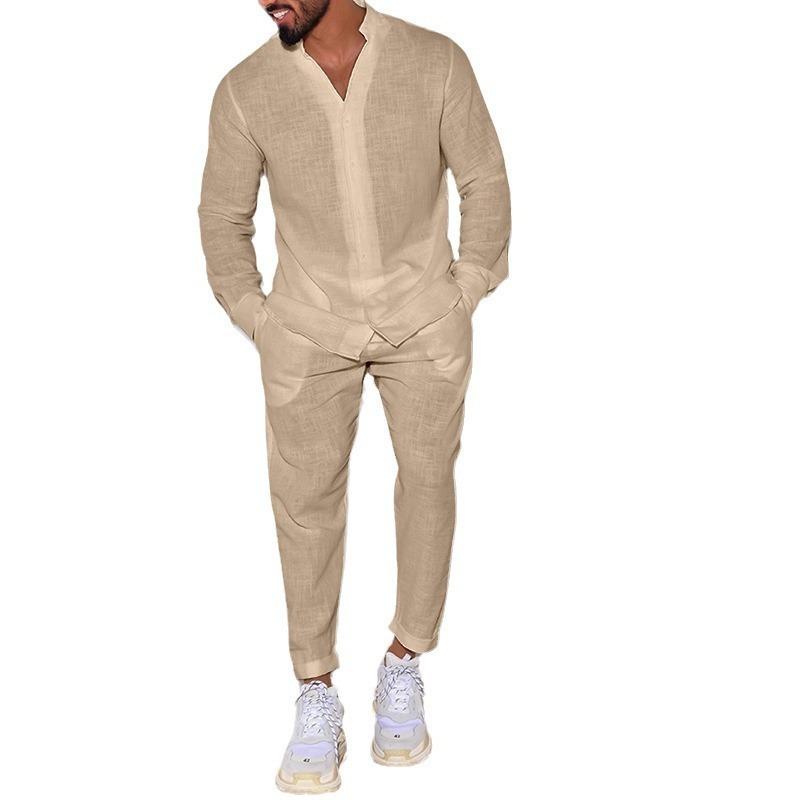 Cross-border European and American sports suit men's linen autumn casual suit long-sleeved fashion tooling trousers foreign trade two-piece set