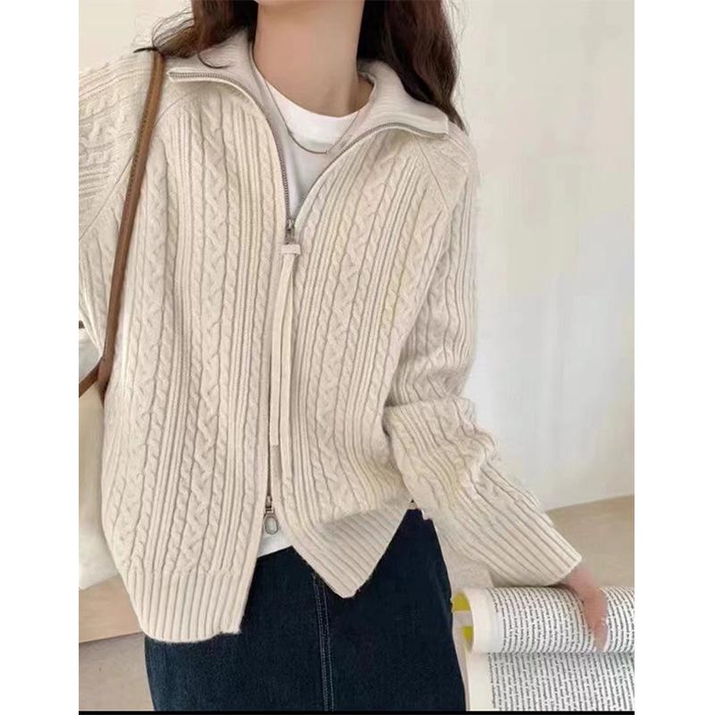 Damen Herbst und Winter Doppelreißverschluss Einfarbig Twist Strick Cardigan Pullover