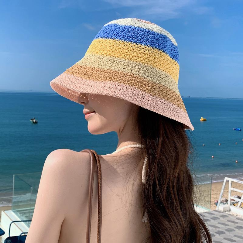 Straw Hat Women's Summer New Cute Flower Seaside Hollow Rolled Edge Lafite Sunshade Hat Face Covering Dome Beach Hat