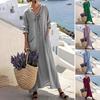 Cotton Linen Dresses for Women Long Sleeve V Neck Maxi Sundress Casual Beach Long Dress with Pockets