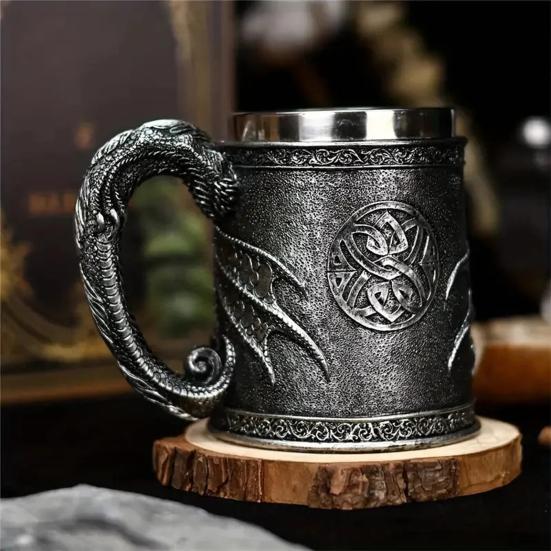 Beer 600ml Mug Steel Stainless Retro Tankard Coffee Cup Tea Tumbler Medieval Dragon Resin Mug For Fantasy Lovers