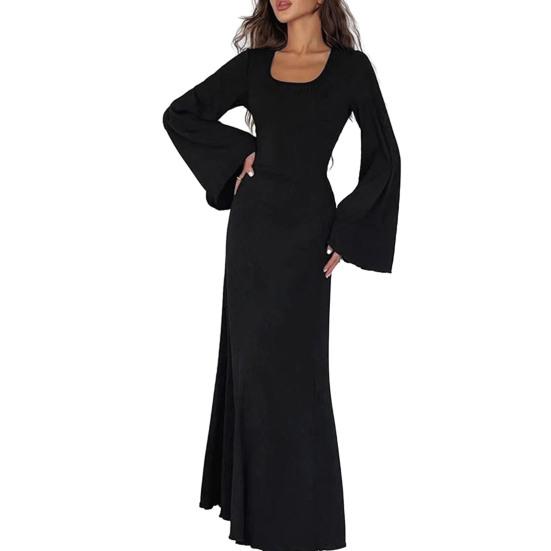 Women Dress U Neck Long Sleeve A-line Slim Fit Skinny Elastic Long Horn Sleeve Back Strap Lace Up Ankle Length Solid Color Maxi Dress