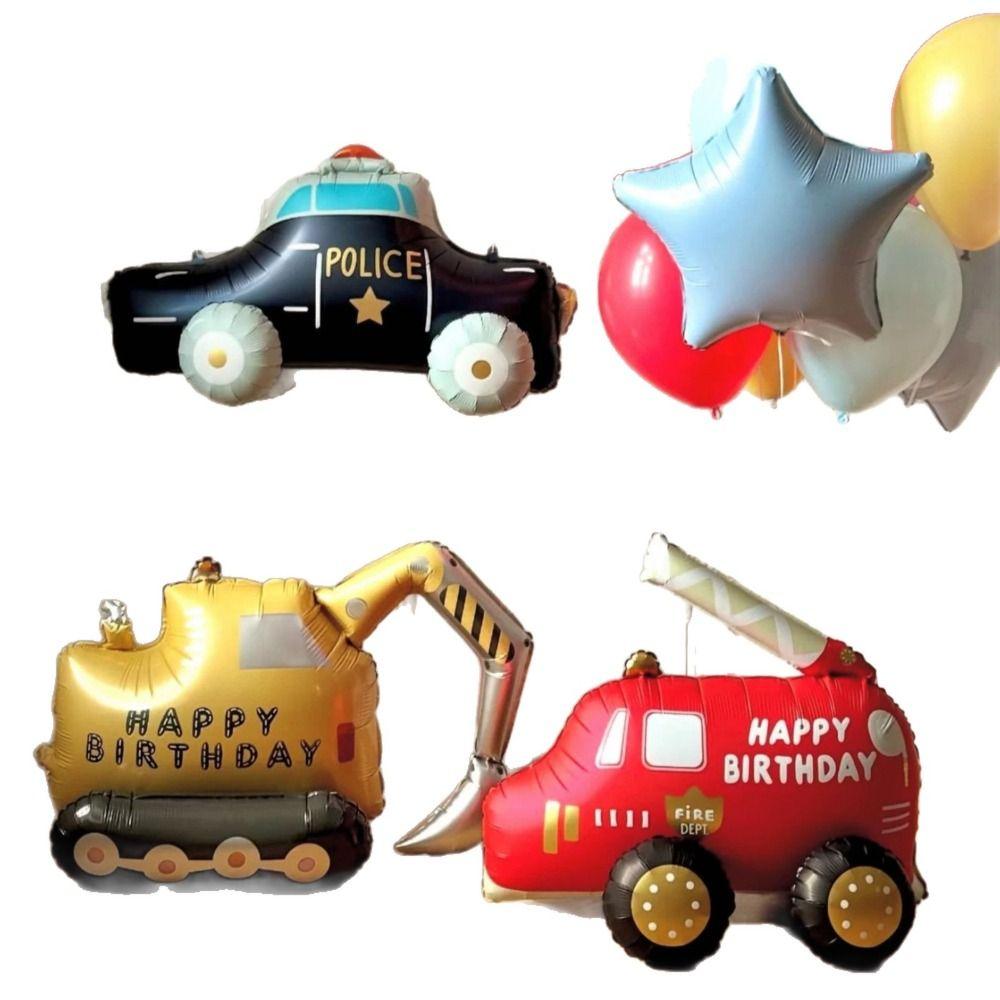 Cartoon Happy Birthday Balloons Vehicle Shaped Police Car Fire Truck Excavator Vehicle Shaped Balloons Party Scene Setup