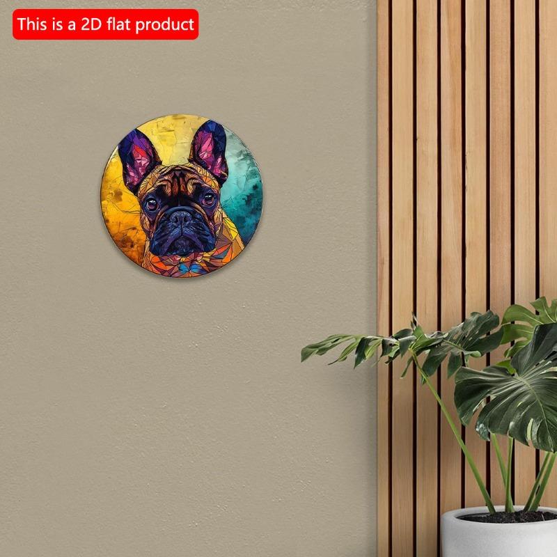 2D Flat 20*20cm1pc Cute French Bulldog Color Gradient Design Wooden Round Hanging Sign, Color Block Splicing Bulldog Pattern Art Plaque, Ornament