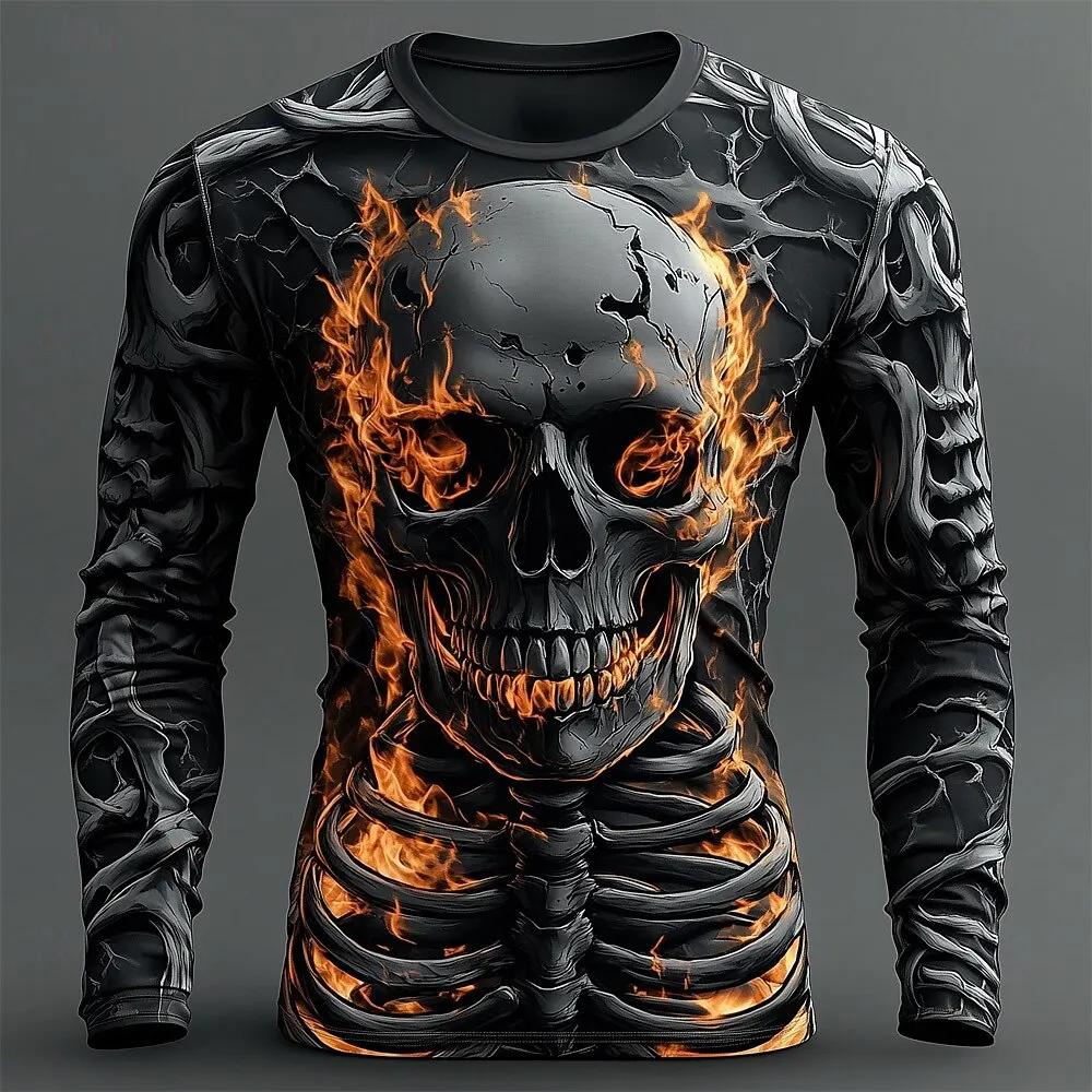 Creative Design 3D Skull Print Men's T-Shirt Autumn Daily Casual Long Sleeve Crew Neck Pullover Tees Oversize Breathable Clothes