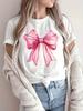 Women's Casual Short Sleeve T-Shirt with Elegant Pink Bow Graphic Print Summer Short Sleeved Harajuku Streetwear Tops Tees