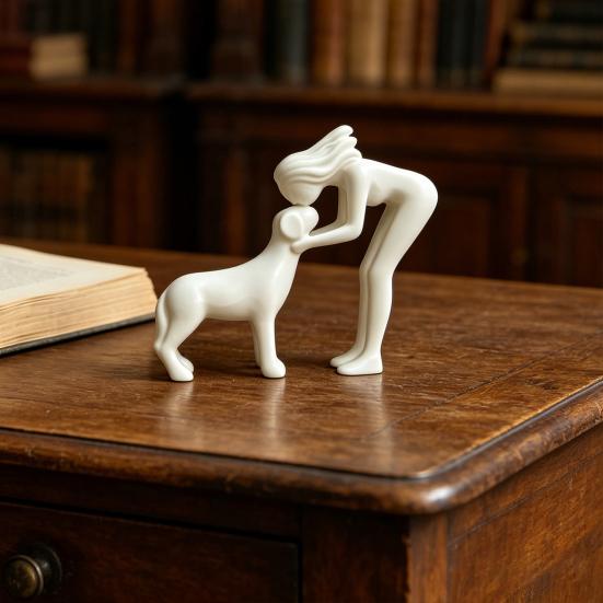 Kvinna och Hund Skulptur 3D-printad Bordsdekoration Kvinnor som Pussar Hund Figur för Vardagsrum Kontor Hem Skrivbord Hylla Dekor