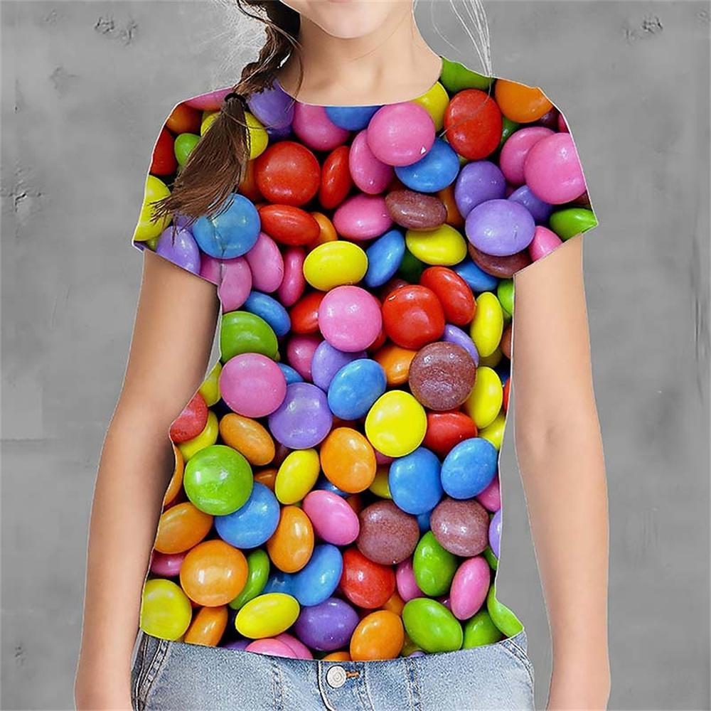 Tricou cu mânecă scurtă cu mânecă scurtă pentru fetiță, cu imprimeu 3d, pentru copii, cu imprimeu cu bomboane